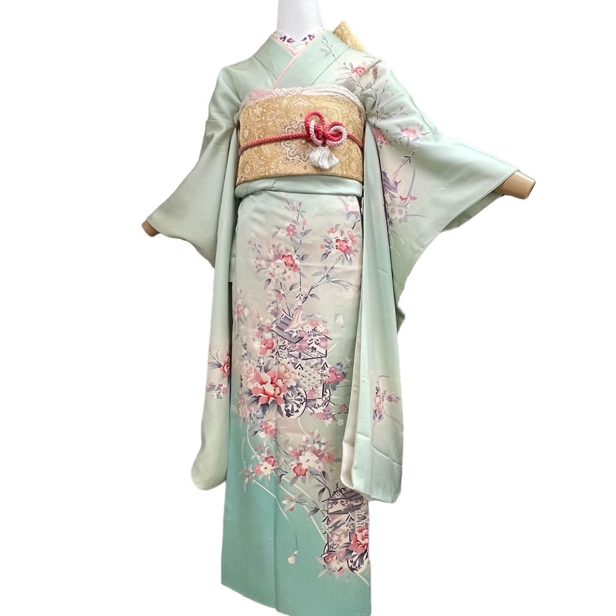 やまと誂製 振袖 袷 正絹 緑 着物 きもの 和服 kimono 26apr2
