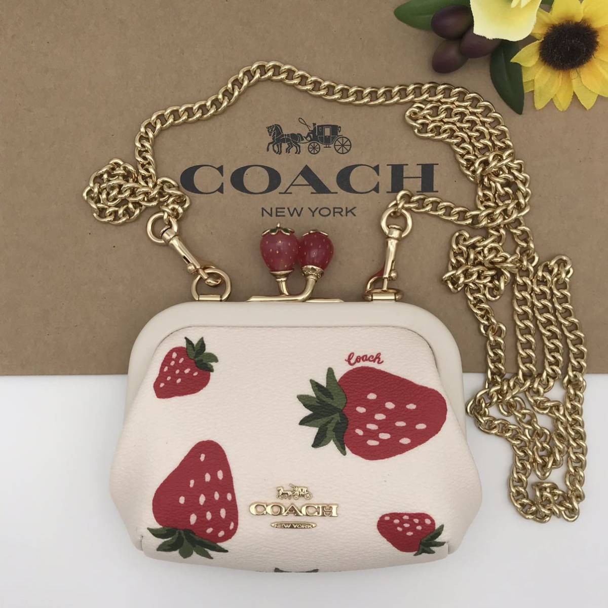 COACH ショルダーバッグ ★大人気★ ノラ キスロック ワイルド ストロベリー プリント コインケース がま口 CH356 IMCAH 新品