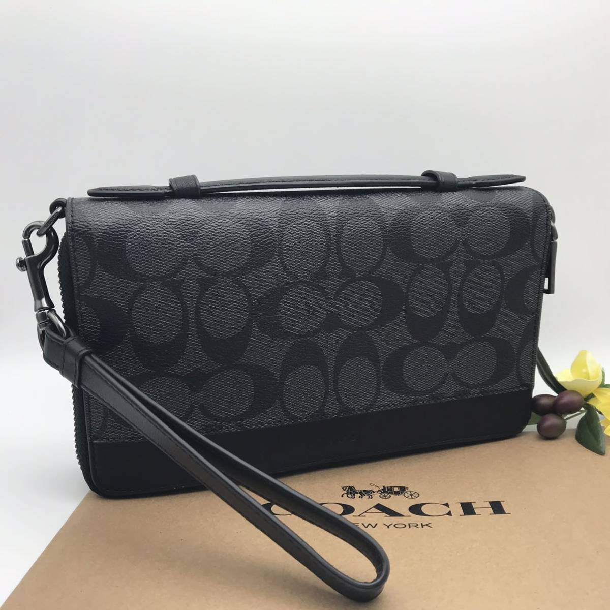 COACH 長財布 ★大人気★ ダブルジップ トラベル オーガナイザー シグネチャー キャンバス チャコール ブラック 66562 QBMI5 新品