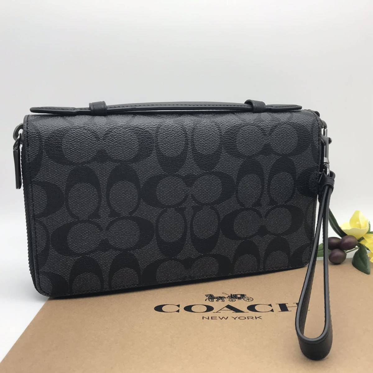 COACH 長財布 ★大人気★ ダブルジップ トラベル オーガナイザー シグネチャー キャンバス チャコール ブラック 66562 QBMI5 新品