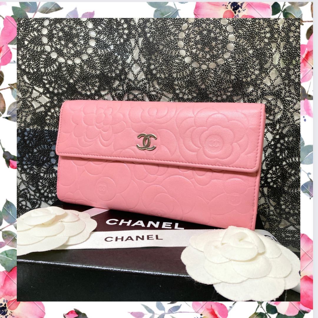 極美品⭐️CHANEL シャネル 二つ折り 長財布 カメリア ラムスキン