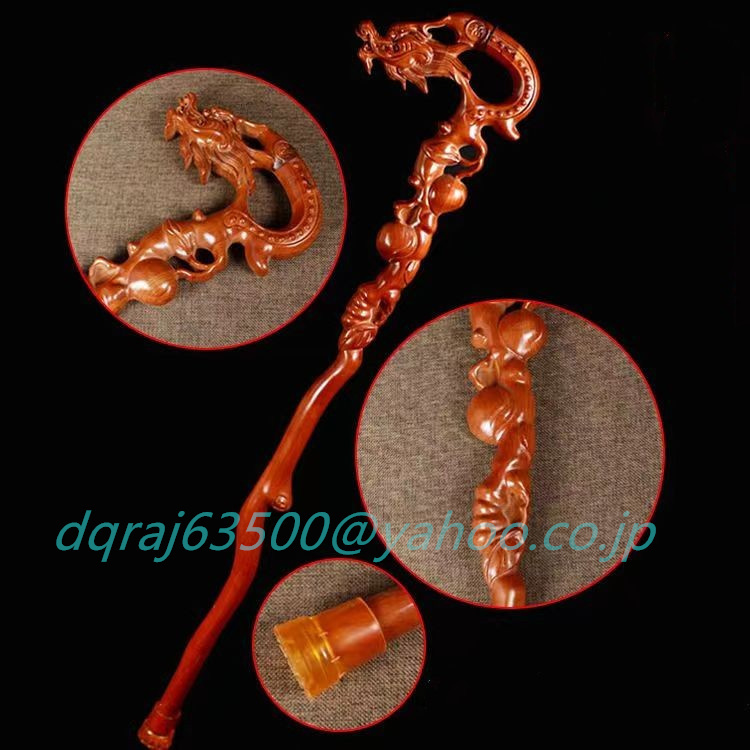 新品推薦☆泰山の桃の木の杖が竜頭の実木彫刻老人の_画像3