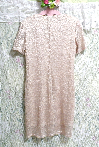 亜麻色花柄レース半袖ネグリジェチュニックワンピース Flax color flower pattern lace short sleeve negligee tunic dress