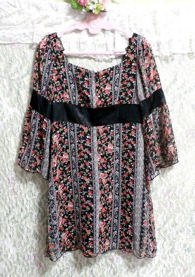 黒帯花柄ネグリジェチュニック Black flower pattern negligee tunic dress