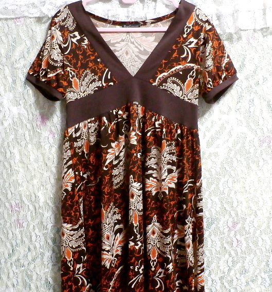  tea color Brown V neck ethnic pattern short sleeves tunic One-piece / tops Brown V neck ethnic pattern short sleeve tunic onepiece/tops