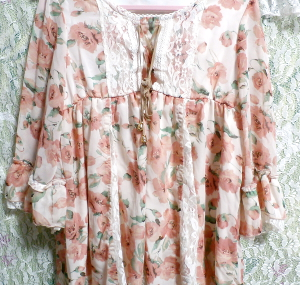 ガーリー淡いピンク白レース花柄シフォンネグリジェフリル長袖チュニック Girly white lace flower pattern chiffon negligee tunic dress