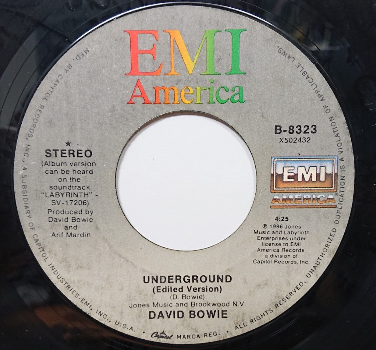 ☆DAVID BOWIE/UNDERGROUND(edit version)1986'USA EMI AMERICA7INCH_画像2