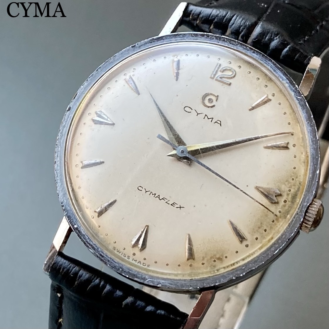 【動作品】シーマ CYMA アンティーク 腕時計 手巻き メンズ ラウンド型 ケース径35㎜ ビンテージ ウォッチ 男性 ラウンド型