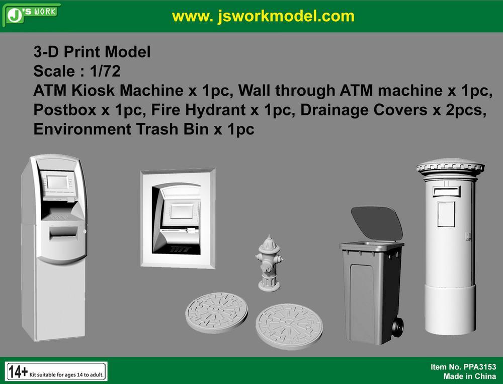 J's Work PPA3153 1/72 3Dプリント ATM(1個)・ウォールスルーATM(1個)・ポスト(1個)・消火栓(1個)・排水カバー(2個)ゴミ箱(1個)_画像1