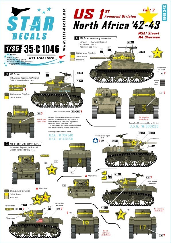 スターデカール 35-C1046 1/35 アメリカ 第1機甲師団# 2 M4 シャーマン, M3 スチュアート イン 北アフリカ_画像1