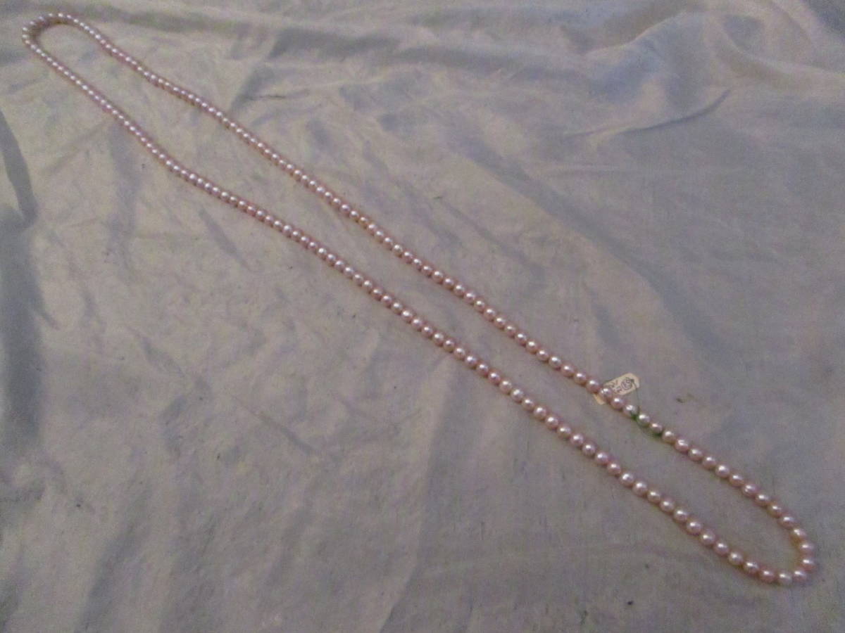 □天然本真珠　あこやロングネックレス　116㎝　サイズ４㎜～6㎜　ラウンド　ピンク　着色加工有　新品未使用□_画像2