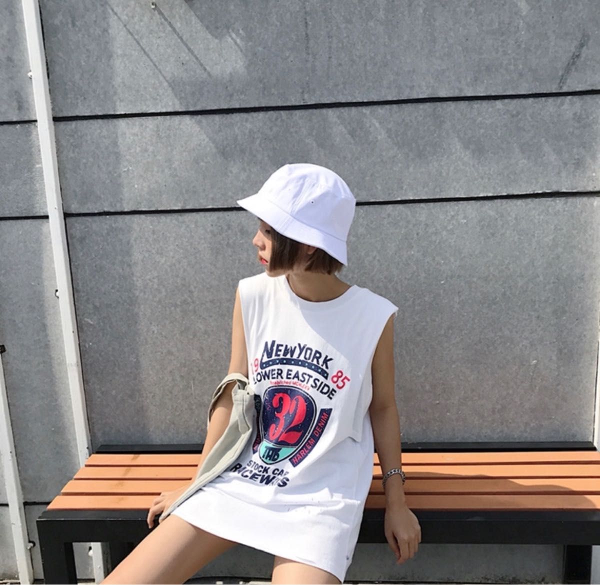 夏服 ノースリーブ ロング丈 Tシャツ レイヤード風 ダメージ加工