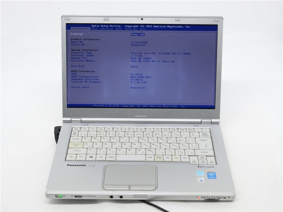 特価商品 Panasonic CF-LX3 4世代I5 4310U 4GB BIOSまで表示 左側面に