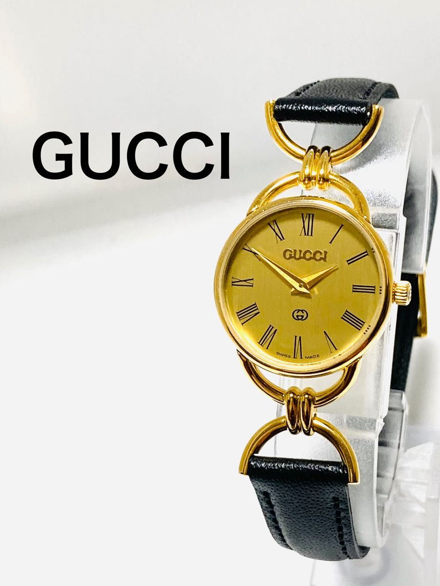 美品 GUCCI グッチ 電池&ベルト新品 レディース腕時計 ゴールド文字盤