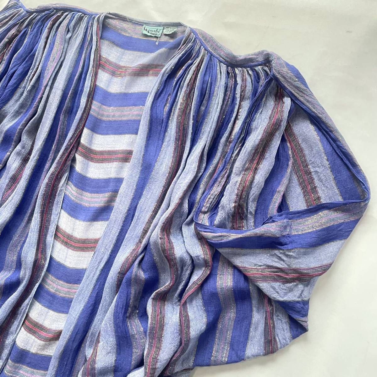 vintage LA Javabe ブルーパープル 金糸ストライプ レーヨン ガーゼ 羽織り カーディガン インド製 80s_画像1