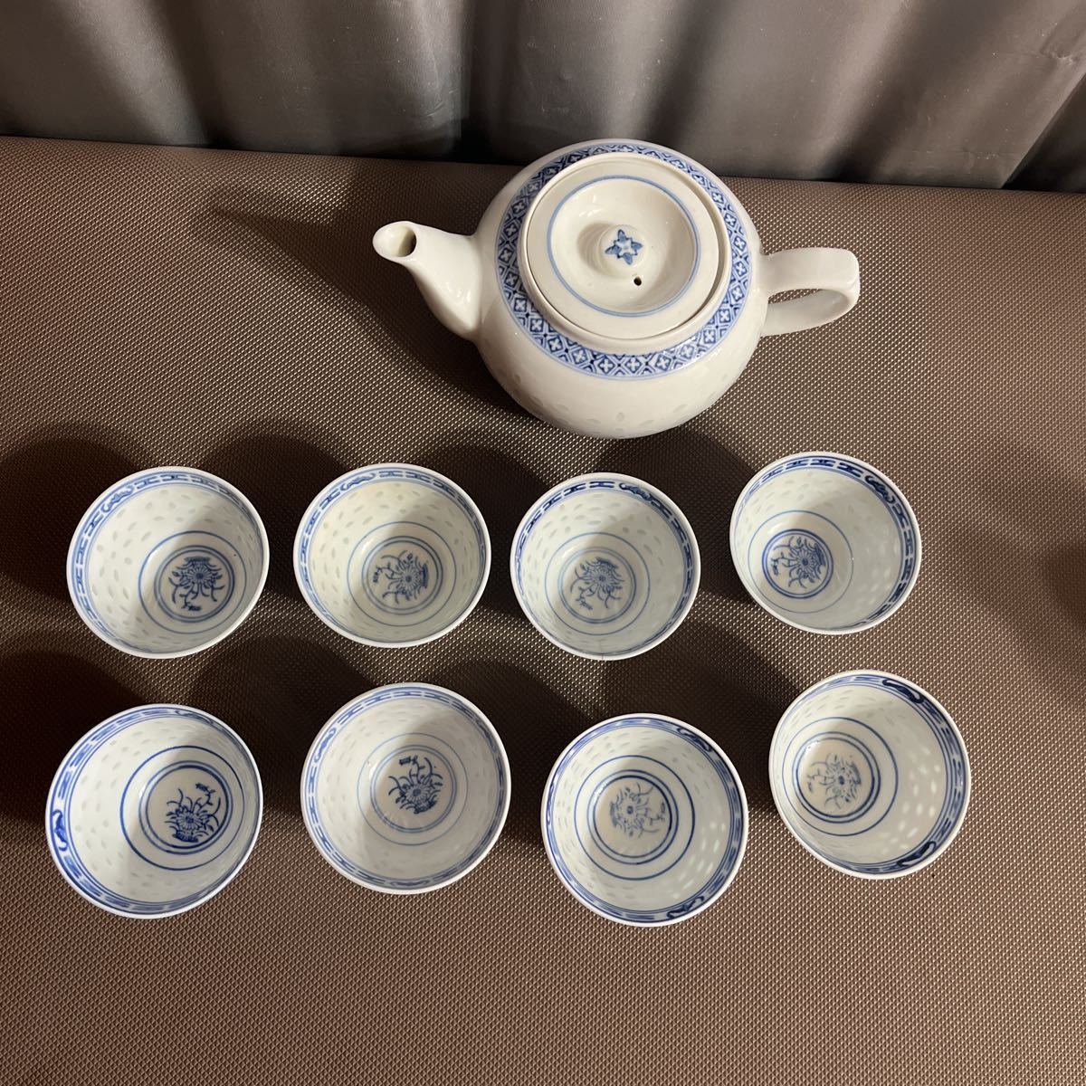 中国 景徳鎮 煎茶道具 中国茶器セット 青花 透かし 景徳鎮製 蛍手透彫