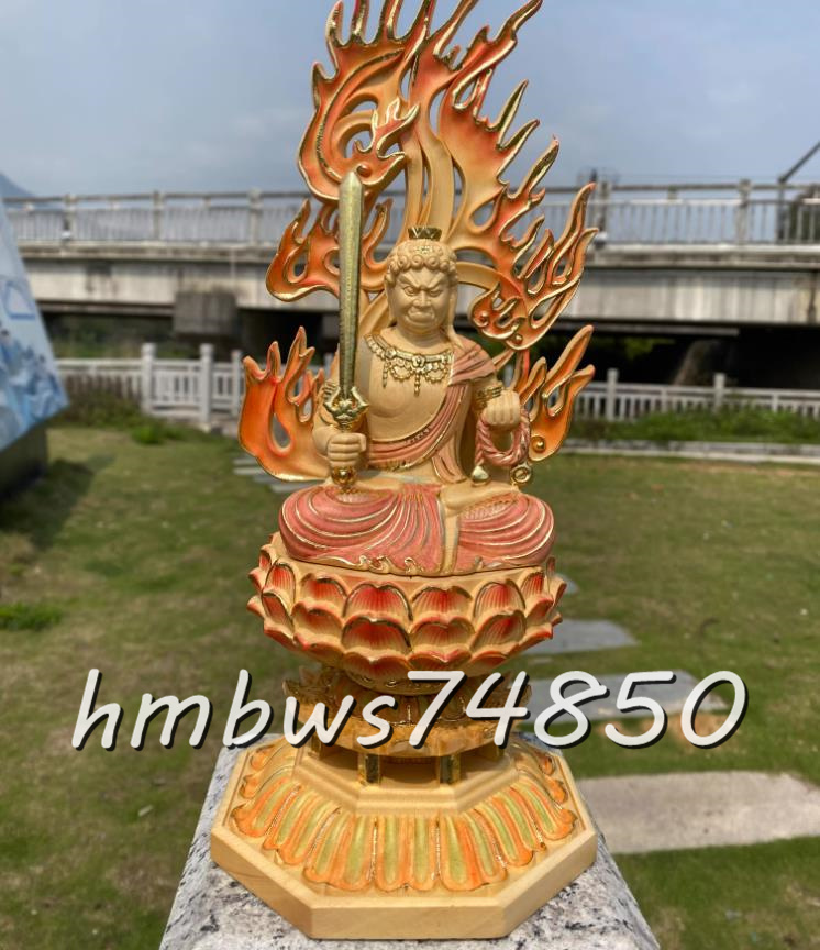 極上品 仏教美術 彩色不動明王 坐像 精密細工 ヒノキ檜木 自然木 仏像
