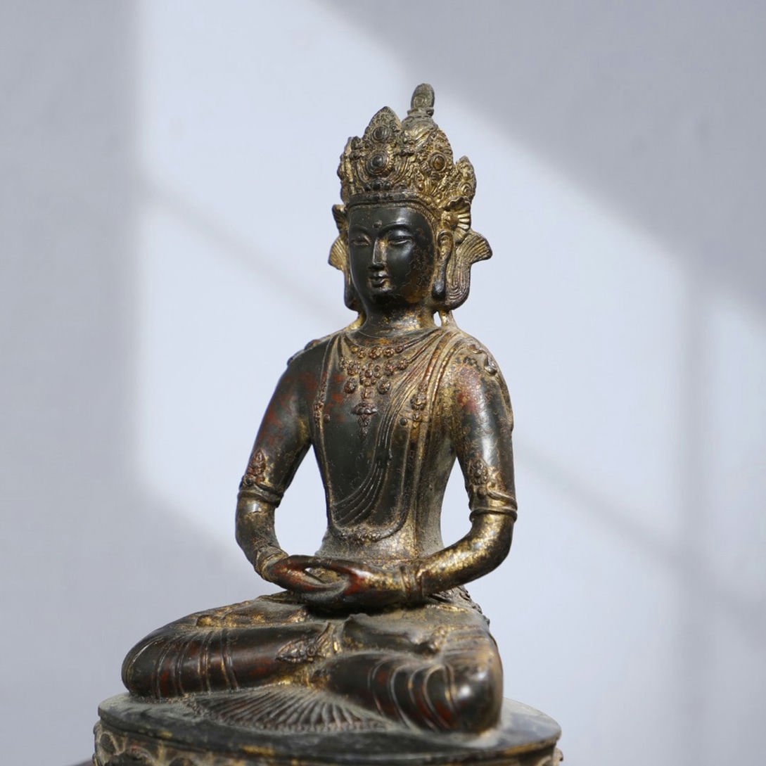 □青澤古美術□G268清時代 仏教古美術 チベット密教 銅塗金彫 朱砂長寿