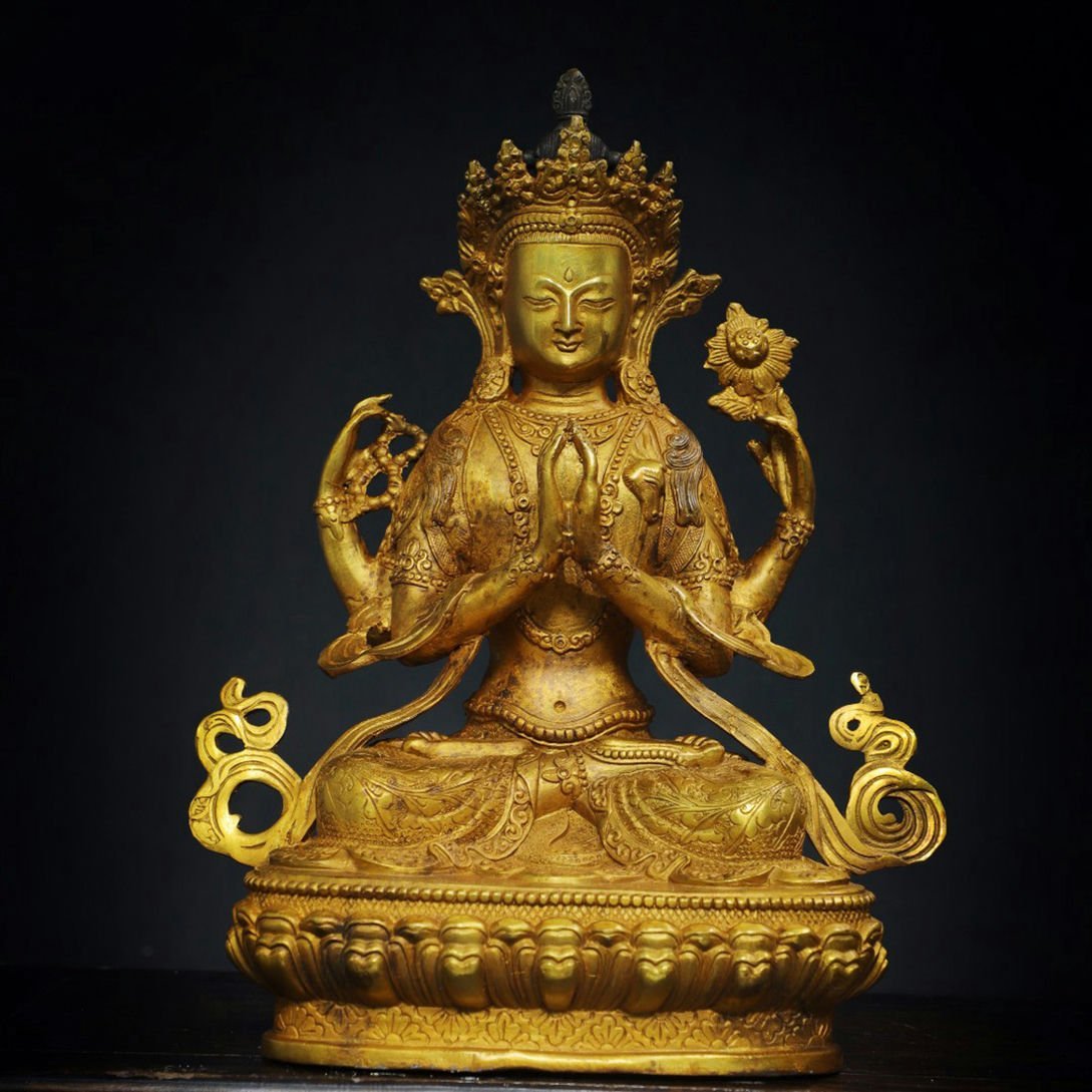 □青澤古美術□G218清時代 仏教古美術 チベット密教 銅塗金彫 四臂観音