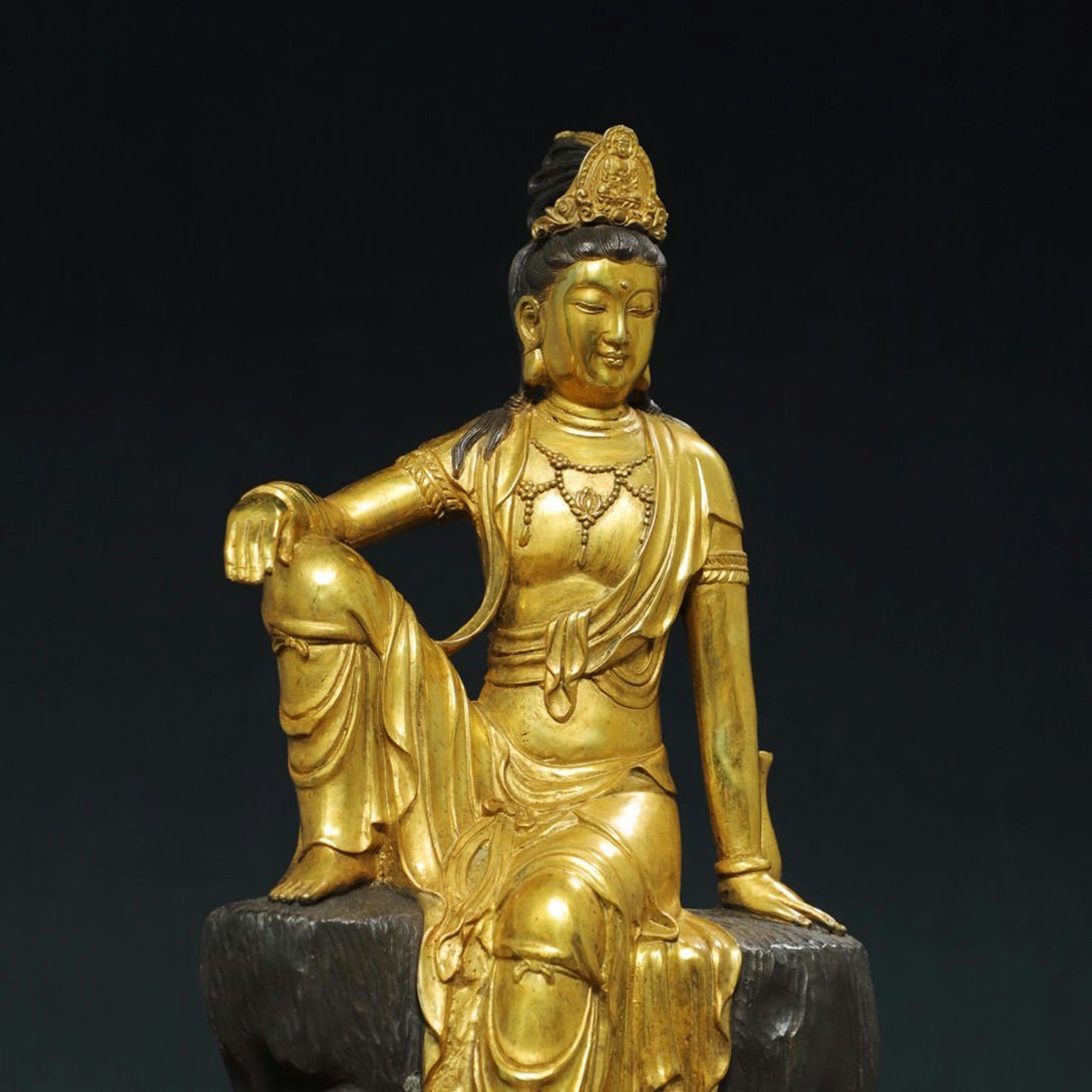 □青澤古美術□G619清時代 仏教古美術 チベット密教 銅塗金 自在観音