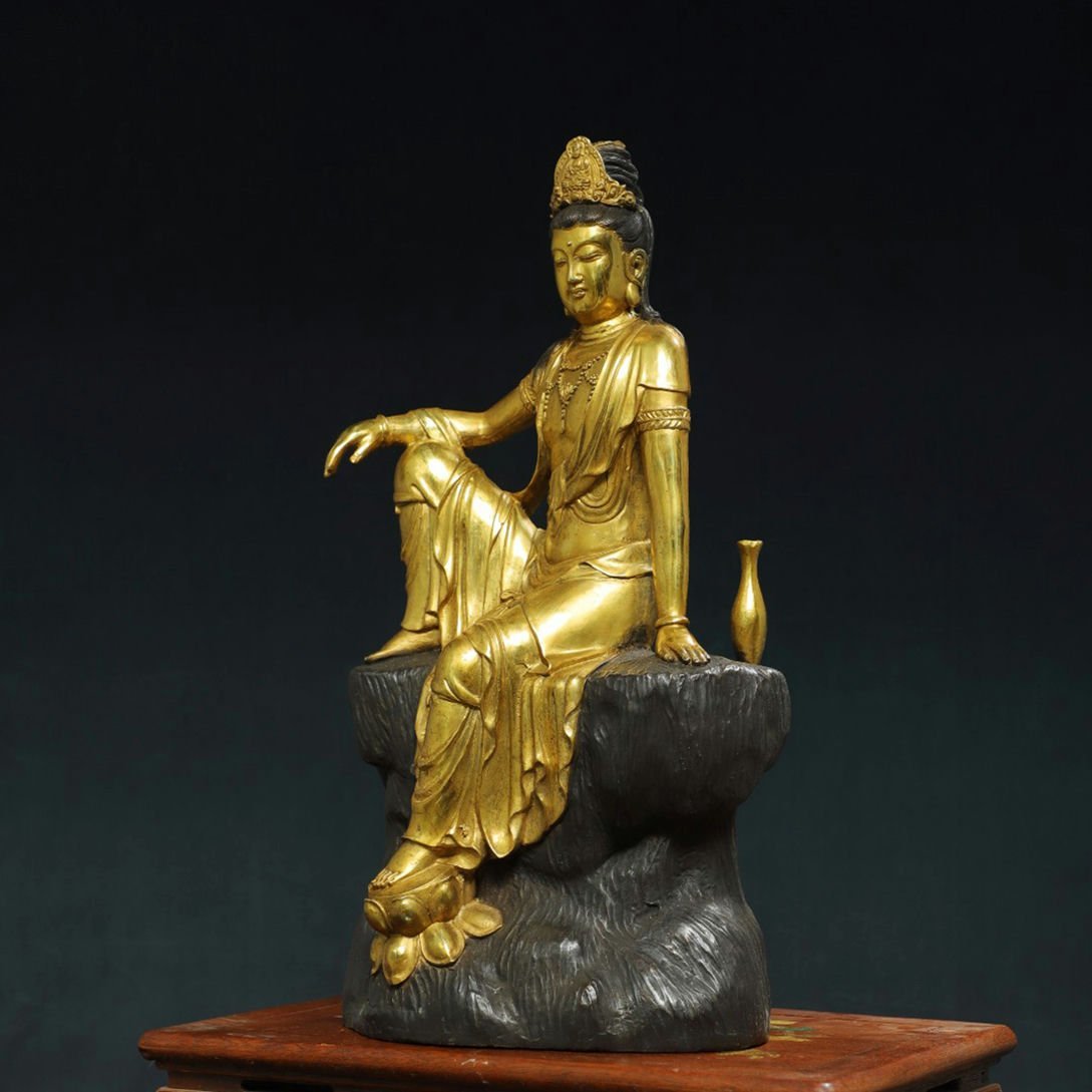 □青澤古美術□G619清時代 仏教古美術 チベット密教 銅塗金 自在観音