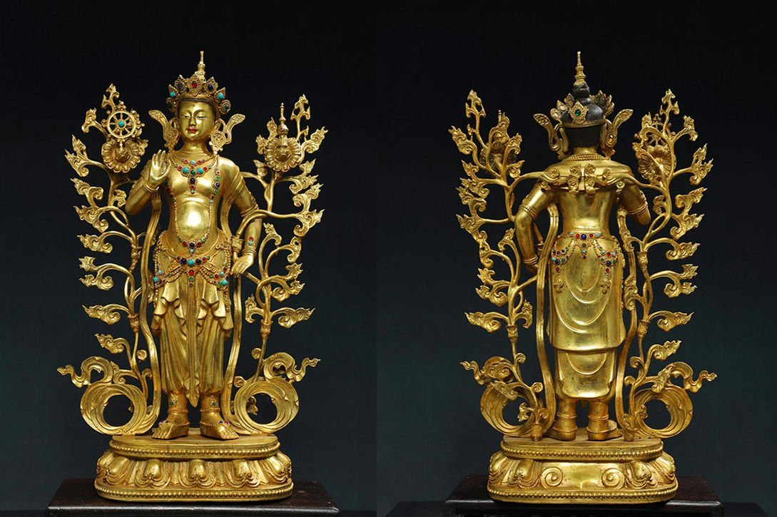 青澤古美術G755清時代 仏教古美術 チベット密教 宝石象嵌 度母・仏像・極上彫・ 某寺院所蔵