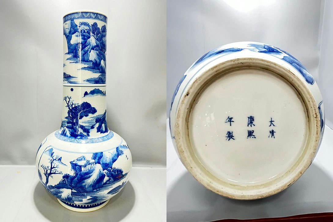 □青澤古美術□G787清時代 康熙年製 青花画山水紋長頸瓶・古陶磁器