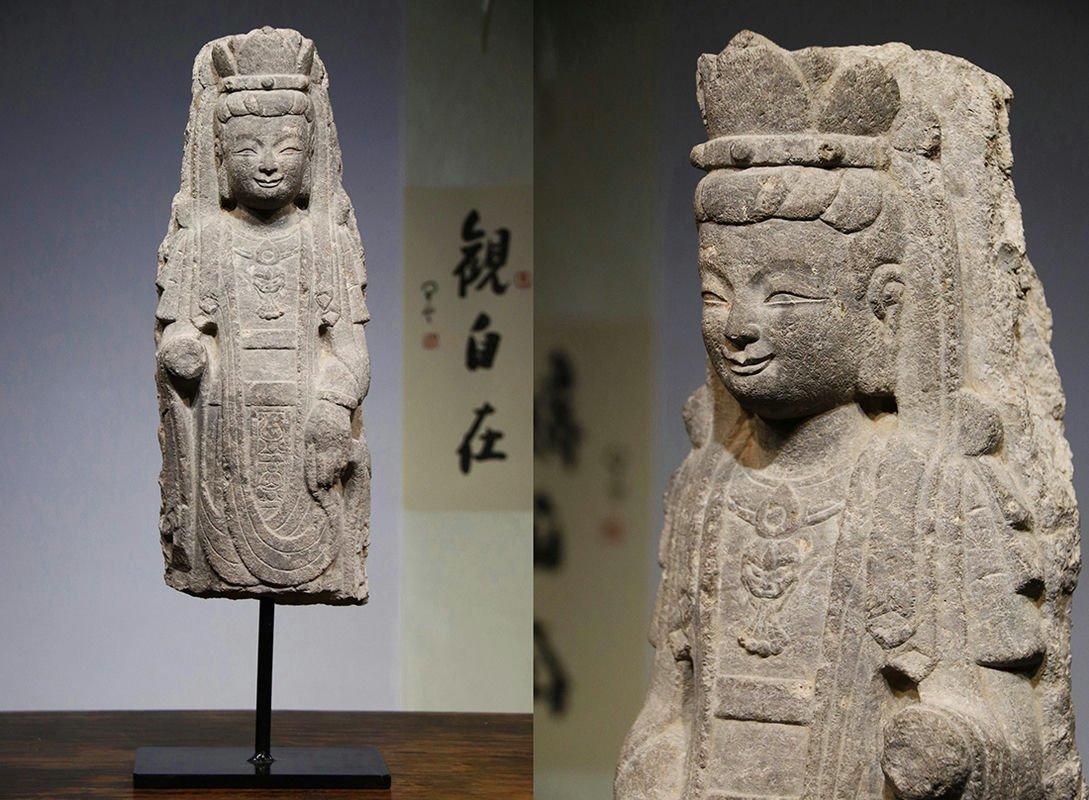 □青澤古美術□G173北魏時代 青石 観音造像 青石彫 仏像 仏教古美術 