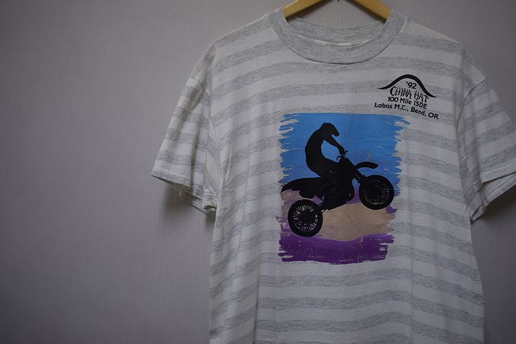 グッドプリントUSA製90SビンテージバイクプリントストライプTシャツホワイト×グレー白灰色Lオールコットンモーターサイクルnr23341_画像1