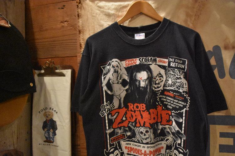 グッドプリント◎2000sビンテージAllSportオールスポーツボディROBZOMBIEロブゾンビ両面ミュージックプリントTシャツLブラック黒n23455