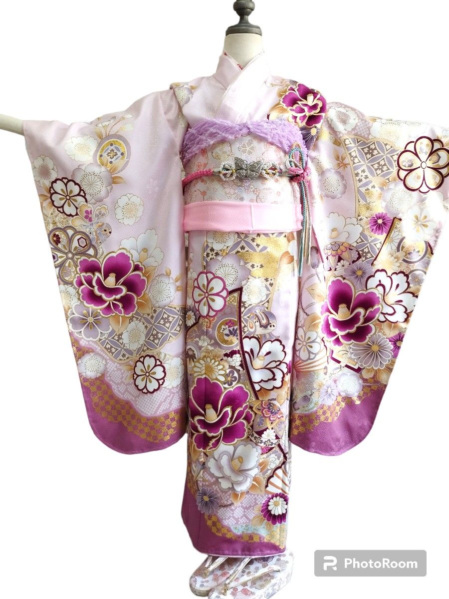新品 高級 新作 薄いピンク紫の着物に作り帯☆七五三フルセット