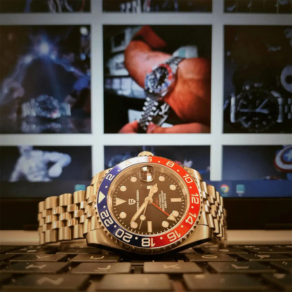 【Blue Red】メンズ高品質腕時計 海外人気ブランド PAGANI GMT watch 機械式 耐衝撃 カレンダー 防水 耐磁_画像5