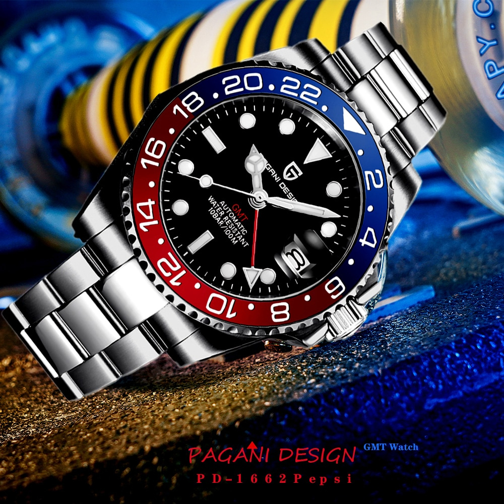 【Blue Red】メンズ高品質腕時計 海外人気ブランド PAGANI GMT watch 機械式 耐衝撃 カレンダー 防水 耐磁_画像7
