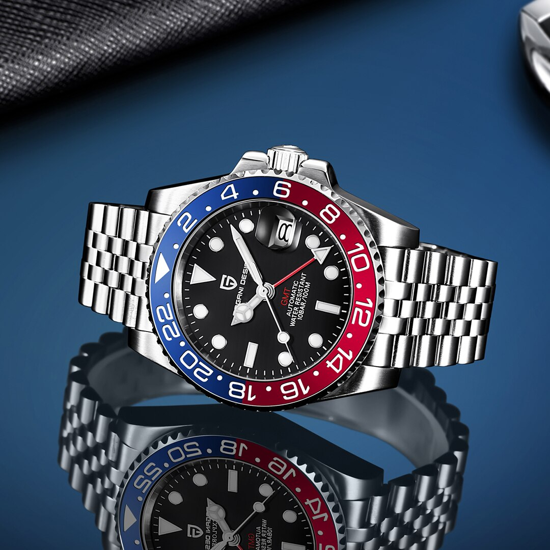 【Blue Red】メンズ高品質腕時計 海外人気ブランド PAGANI GMT watch 機械式 耐衝撃 カレンダー 防水 耐磁_画像4