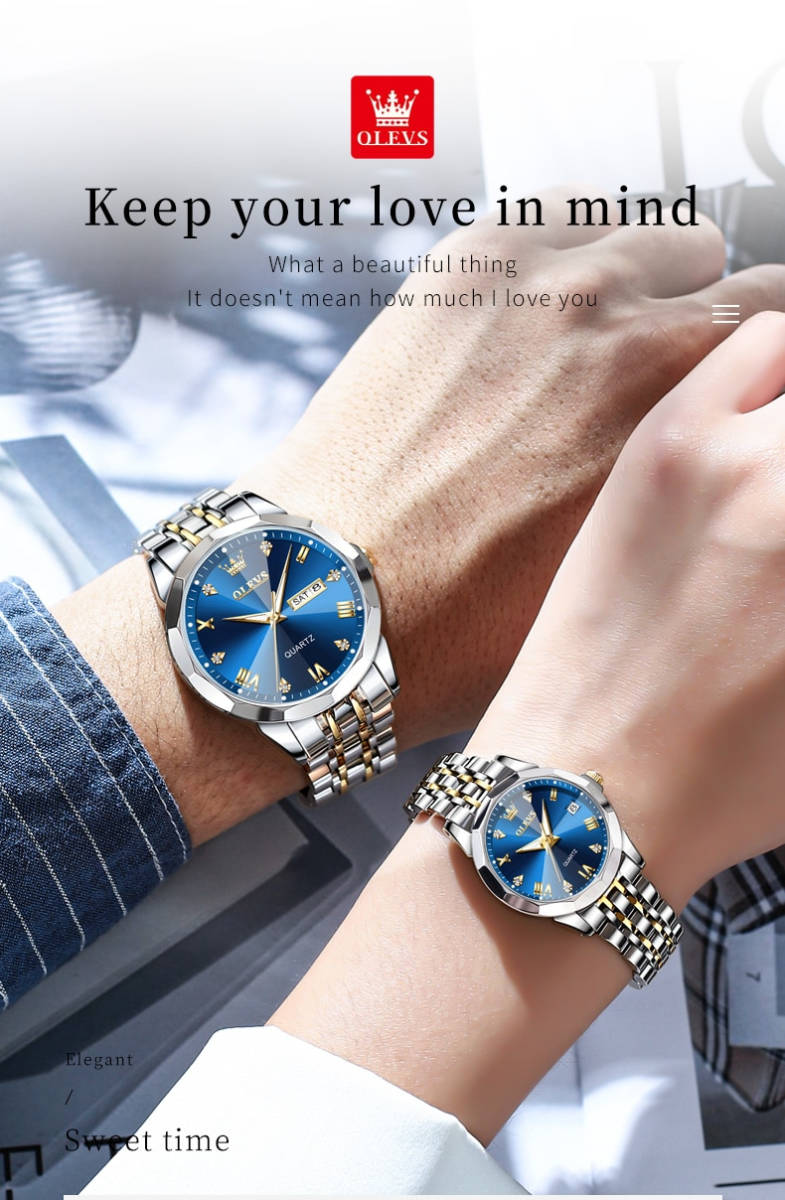 【ペアウォッチ gold blue】メンズ/レディス 高品質腕時計 海外人気ブランド Olevs 防水 クォーツ式_画像3