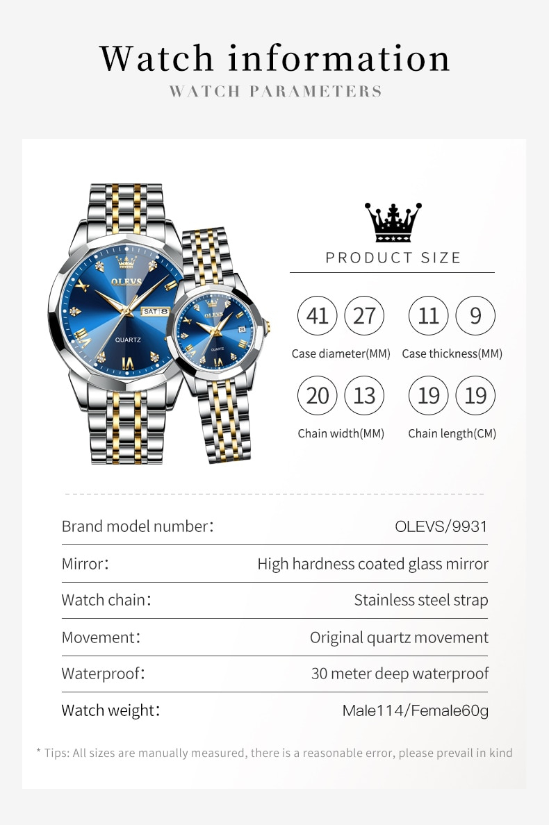 【ペアウォッチ gold blue】メンズ/レディス 高品質腕時計 海外人気ブランド Olevs 防水 クォーツ式_画像8