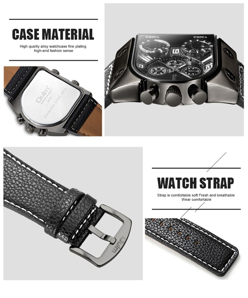 【ブラック×シルバー】メンズ マルチタイムゾーン腕時計 海外人気ブランド Oulm クロノグラフ クォーツ式 レザーバンド ROG0012の画像5