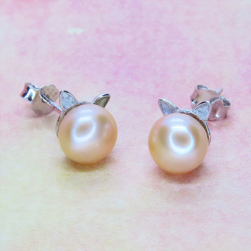 silver 925 fresh water pearl ( coral pink ) simple .... no adult pretty cat ear pearl. earrings stud one Point 