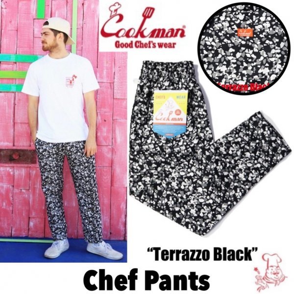 送料0 【COOKMAN】クックマン Chef Pants シェフパンツ Terrazzo Black 231-31807 -L 男女兼用 大理石 タイル柄 イージーパンツ LA 西海岸