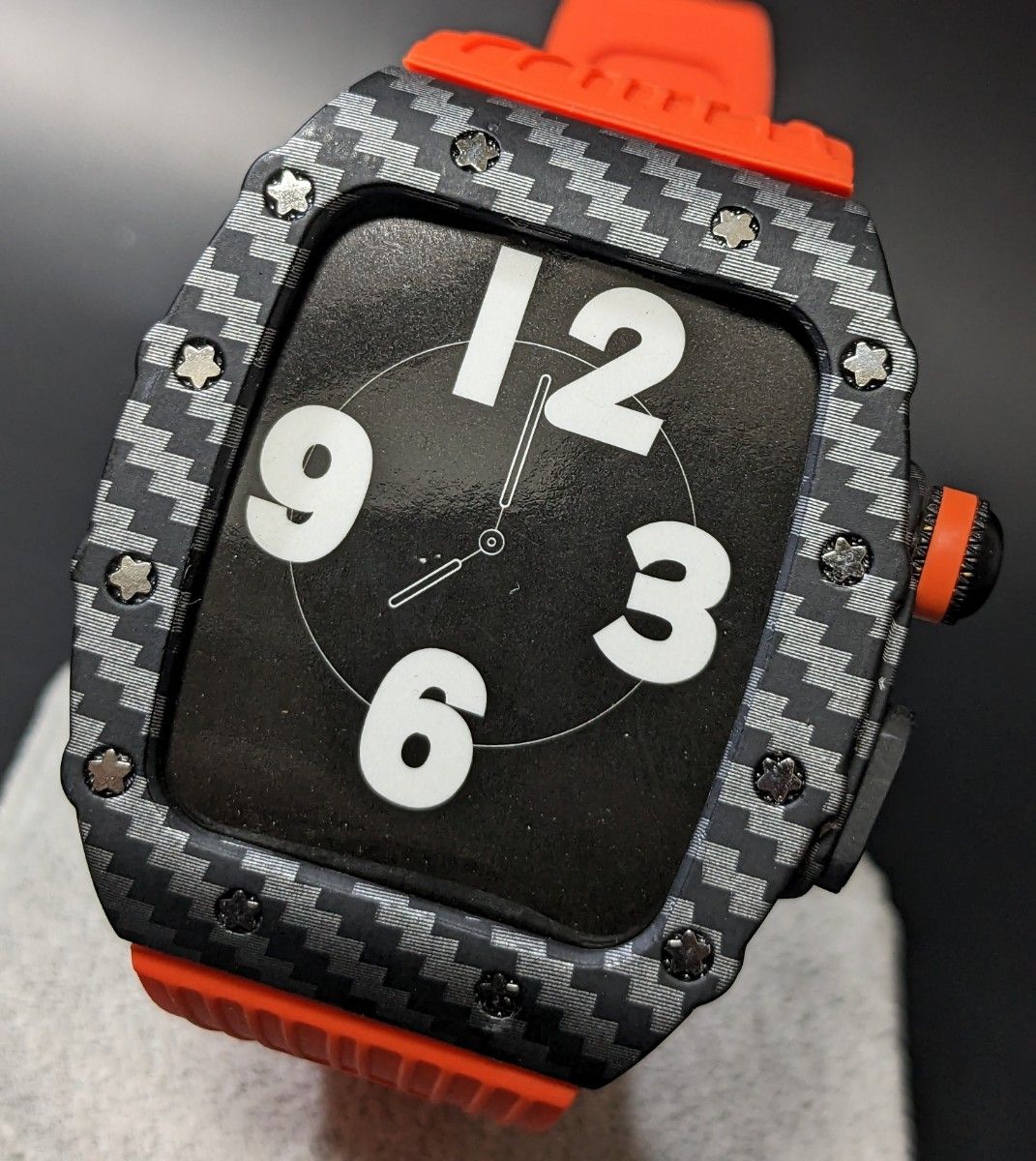 Apple Watch ラバーバンド カバー メタルケース アップルウォッチ カスタム 44mm ブラック オレンジ カーボン風