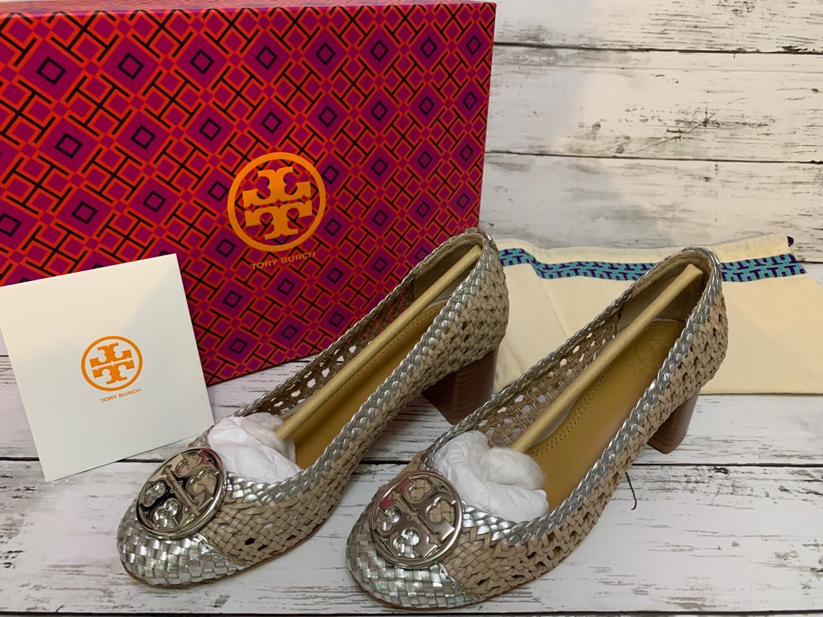 TORY BURCH トリーバーチ レザーメッシュパンプス ベージュ/シルバー