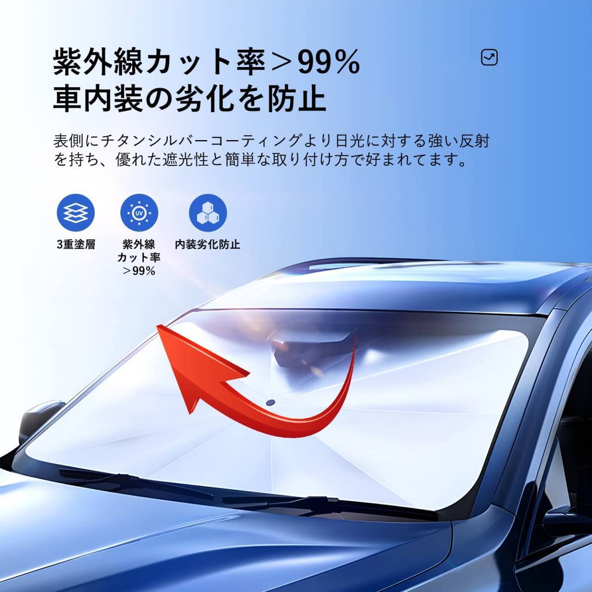 車用サンシェード 車用パラソル 折り畳み式 傘型 フロントシェード 日よけ 遮光 遮熱 紫外線カット 10本骨 コンパクト 収納付  142cm*75cm