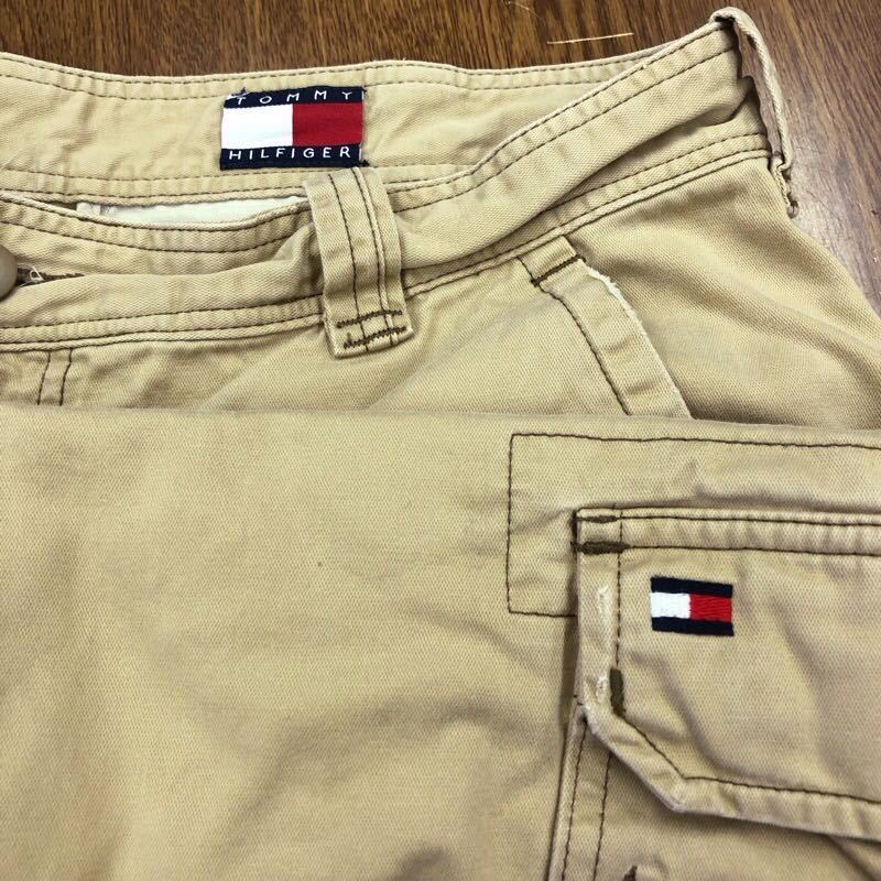 【EE136】TOMMY HILFIGER W34 ダメージ加工 カーゴハーフパンツ ベージュ メンズブランド古着 トミーヒルフィガー ショートパンツ 送料無料