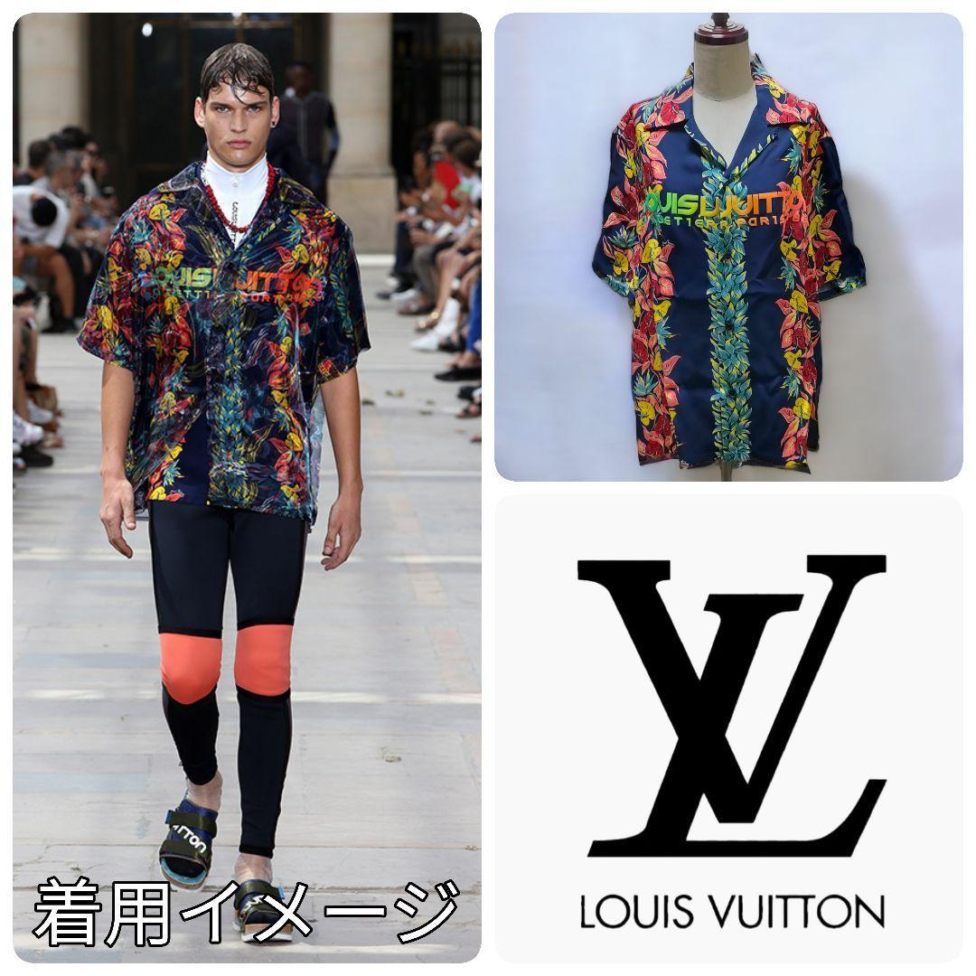 極美品 希少品 LOUIS VUITTON ルイヴィトン 2018SS コレクション ブランドビッグロゴ アロハシャツ レーヨン100% 大きめ Mサイズ_画像1