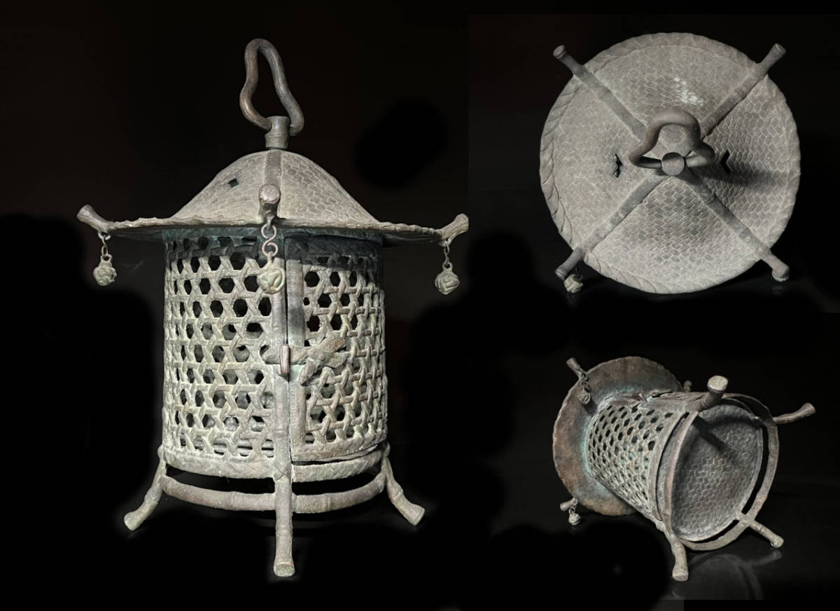 瑞】古銅製 透かし 灯篭 吊り灯篭 高24cm 重さ:約1900g