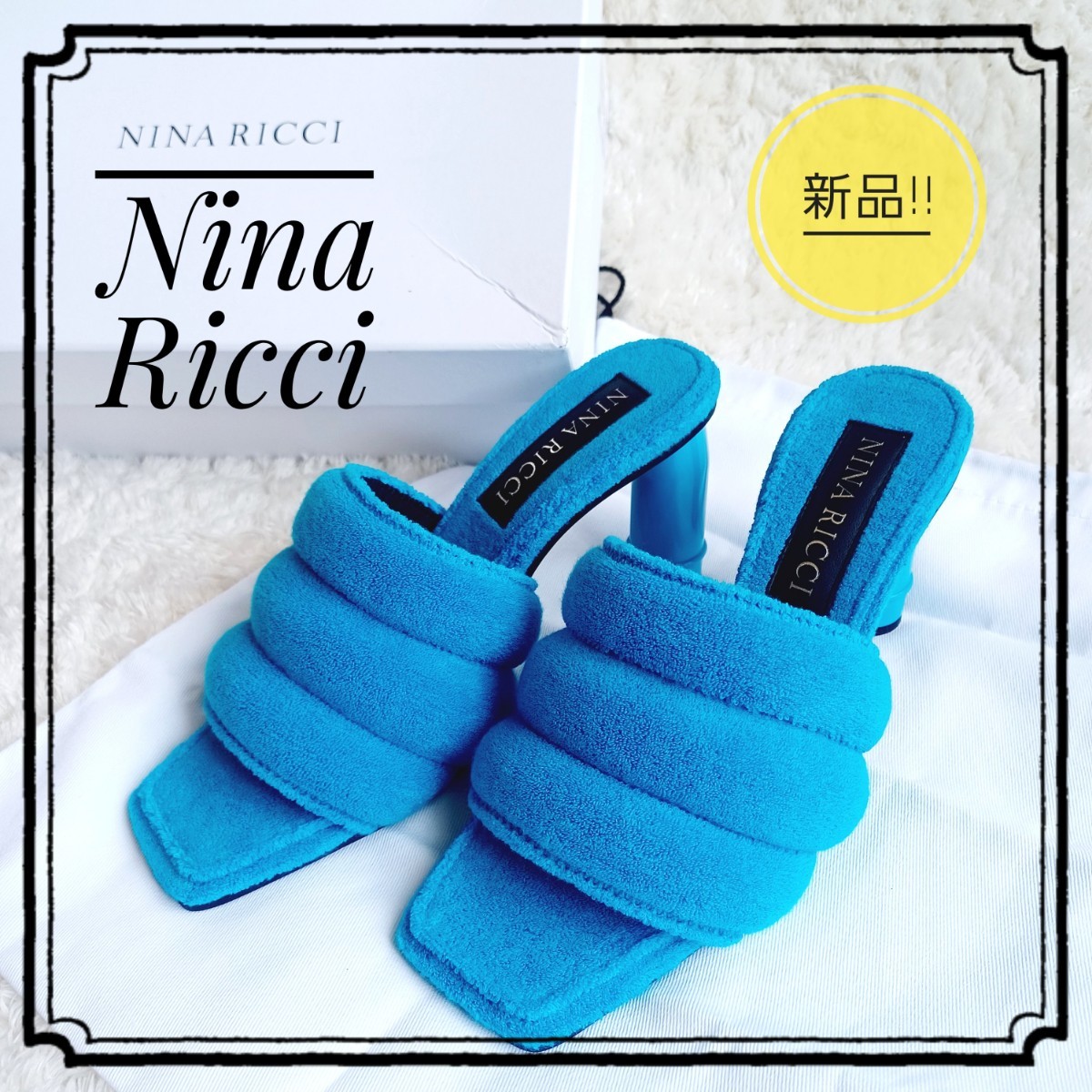 新品!! Nina Ricci ニナリッチ☆ハイヒール ミュール☆オープントゥ スクエアトゥ 23cm相当 ブルー