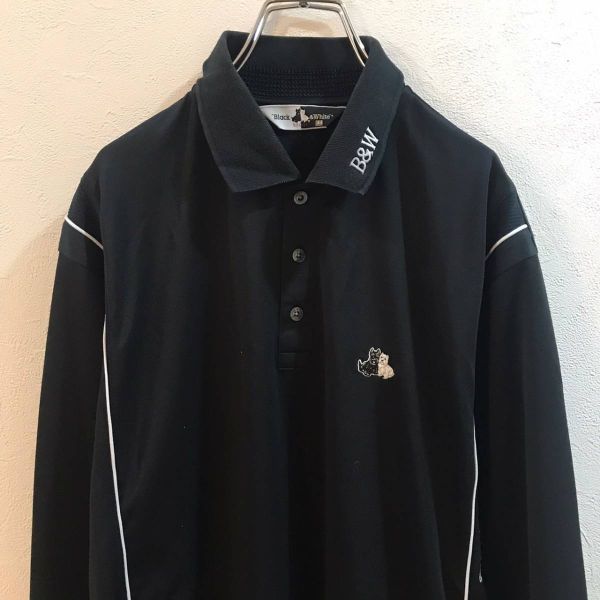 * large size *LL* stylish excellent article *Black&White/ black & white polo-shirt with long sleeves Golf black black men's LL ON2587