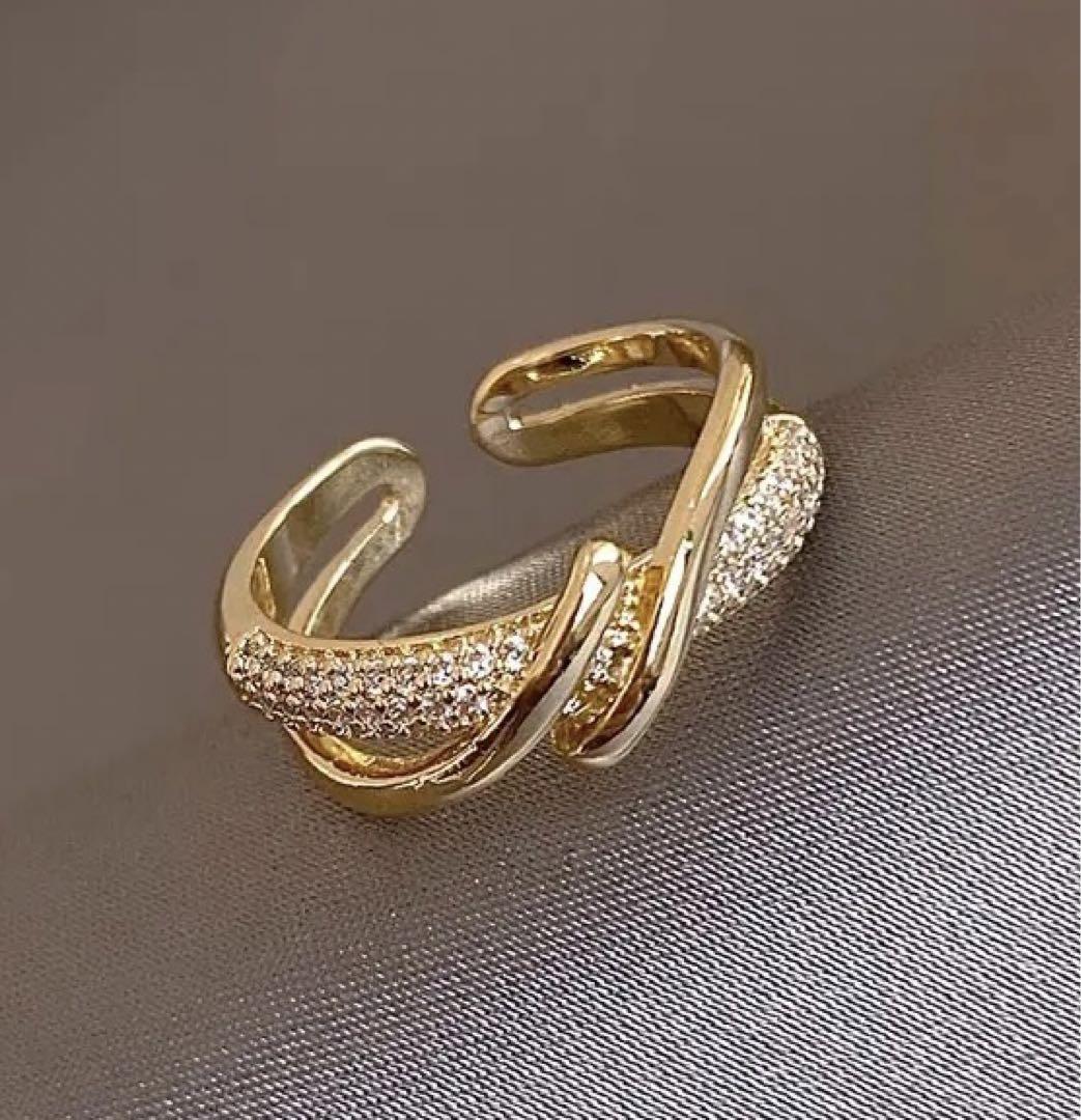 ゴールドリング　ジルコニア　指輪　レディース　韓国　フリーサイズ　シンプル　アクセサリー　オシャレ　ファッション　人気　新品