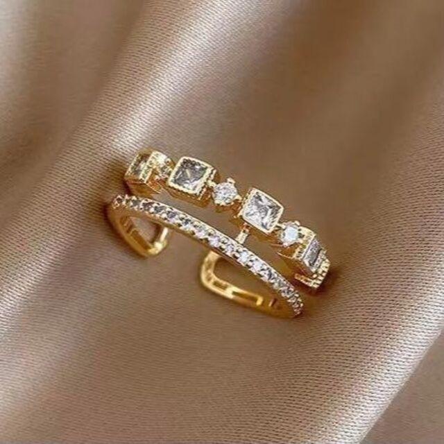 ジルコンダブルリング 指輪 レディース ゴールド 韓国 サイズフリー ファッション キレイ 華奢 ジルコニア 人工ダイヤ 新品の画像1