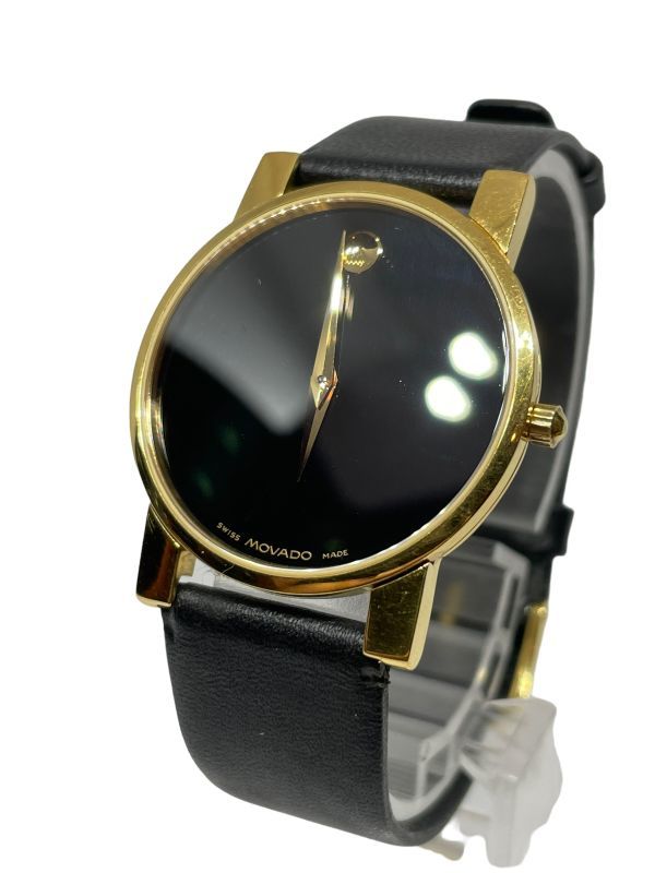MOVADO モバード 87 64 875 ミュージアム ブラック文字盤 ゴールドカラー レザー 黒 QZ メンズ腕時計の画像1